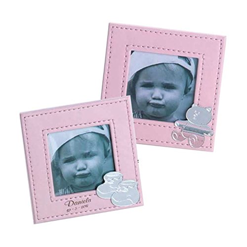 Curia Grabador Portafoto para Bautizo en Cuero Rosa Personalizado con Nombre y Fecha. Pack 10 Unidades