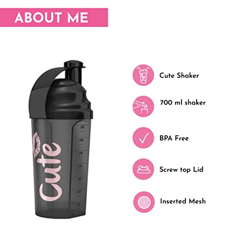 Cute Nutrition Shaker coctelera negra para mujer 700ml Duradero de alta calidad Apto para lavavajillas y sin BPA