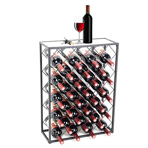 D4P Display4top Botellero con Tablero para 32 Botellas para Vino Estante de Vino con Mesa de Vidrio, Ideal para Bar Bodega de vinos Sótano Gabinete Despensa Despensa Cocina, Negro