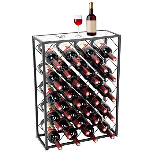 D4P Display4top Botellero con Tablero para 32 Botellas para Vino Estante de Vino con Mesa de Vidrio, Ideal para Bar Bodega de vinos Sótano Gabinete Despensa Despensa Cocina, Negro