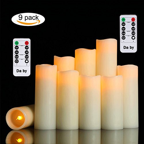 Da by LED Vela, Vela de la batería, Juego de 9 (1 - H 22cm, 1 - H20cm, 1 - H18cm, 2 - H16cm, 2 - H14cm, 2 - H13cm) Vela de Columna de Cera verdadera Marfil con Control Remoto Temporizador.