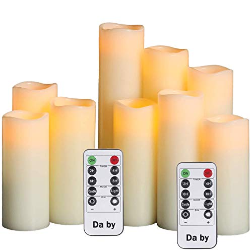 Da by LED Vela, Vela de la batería, Juego de 9 (1 - H 22cm, 1 - H20cm, 1 - H18cm, 2 - H16cm, 2 - H14cm, 2 - H13cm) Vela de Columna de Cera verdadera Marfil con Control Remoto Temporizador.