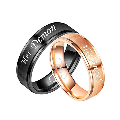 Daesar Anillos de Acero para Parejas Anillo Negro Oro Rosa Anillo Grabado Her Demon&His Angel Anillos Compromiso Pareja Talla Mujer 22 Hombre 17