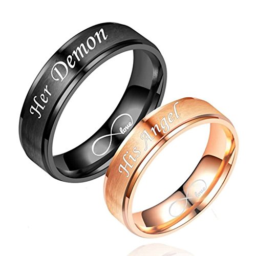 Daesar Anillos de Acero para Parejas Anillo Negro Oro Rosa Anillo Grabado Her Demon&His Angel Anillos Compromiso Pareja Talla Mujer 22 Hombre 17