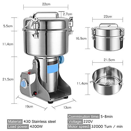 DAETNG Molinillo de Especias y Molinillo de café Tipo Columpio 2000G 4100W Molinillo de Molino de Acero Inoxidable de Alta Velocidad 32000 RPM, Malla 60-350 para Hierbas Maíz Sésamo Soja Pimienta