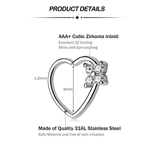 Daith Rook Snug Tragus Piercing Pendientes Acero Quirúrgico 16G Oreja Cartilago Anillo Piercing Joyería del Cuerpo Corazón Luna Forma Herradura Anillos 6 Piezas-Plata