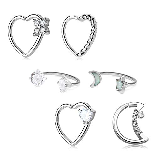 Daith Rook Snug Tragus Piercing Pendientes Acero Quirúrgico 16G Oreja Cartilago Anillo Piercing Joyería del Cuerpo Corazón Luna Forma Herradura Anillos 6 Piezas-Plata