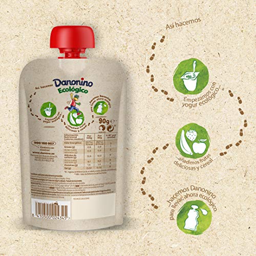 Danonino Pouch sin azúcares añadidos: Alimento Infantil Ecológico Con Fresa, Manzana Y Plátano - 12 Unidades de 90g