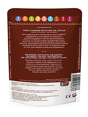 DAYELET BIZCOCHOS se emplea para reemplazar el azúcar, peso a peso, en toda clase de bizcochos. Disfrute de Bizcochos Sin Azúcar y con un 40% menos de calorías.
