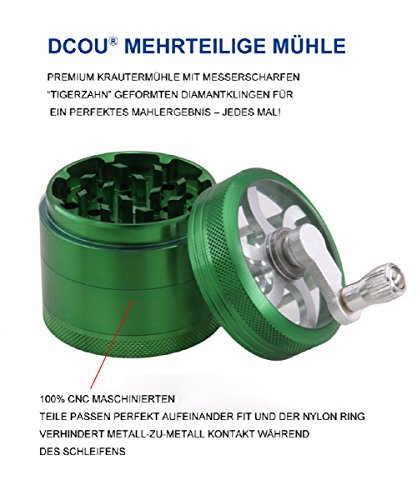 DCOU Grinder Molinillo Manual con Manivela de Aluminio Irrompible para Hierbas y Especias Atrapa Polen 4 Partes 55mm 2.2 Pulgadas (Verde 55 MM)