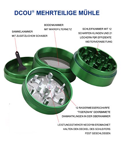 DCOU Grinder Molinillo Manual con Manivela de Aluminio Irrompible para Hierbas y Especias Atrapa Polen 4 Partes 55mm 2.2 Pulgadas (Verde 55 MM)