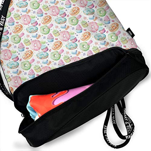 DDHHFJ Multifunctional Drawstring Backpack for Men & Women, Candy Shop Inspired Whipped Cream Topped Cupcakes Swirl Lollipops Macarons Donuts,Travel Bag Sports Tote Sack with Wet & Dry Compartments