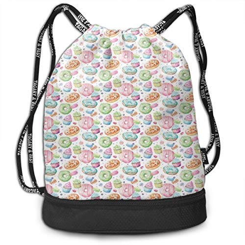 DDHHFJ Multifunctional Drawstring Backpack for Men & Women, Candy Shop Inspired Whipped Cream Topped Cupcakes Swirl Lollipops Macarons Donuts,Travel Bag Sports Tote Sack with Wet & Dry Compartments