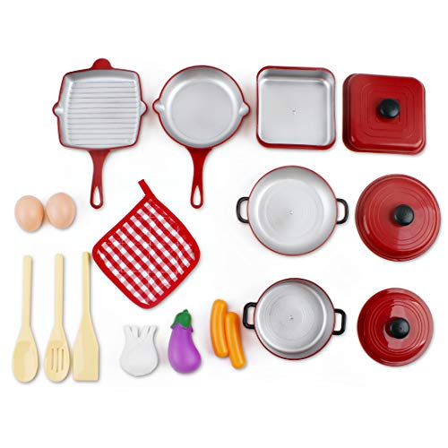 deAO Conjunto Utensilios de Cocina y Comida de Juguete- Juego de Ollas y Cacerolas de Imitación Accesorios de Cocina Infantil (30 Piezas)