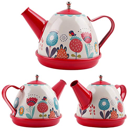 deAO Juego de Té en Maletín Portátil Conjunto Infantil de 14 Piezas Incluye Tetera, Platos y Tazas Diseño Metálico de Imitación Maleta Picnic (Rojo)