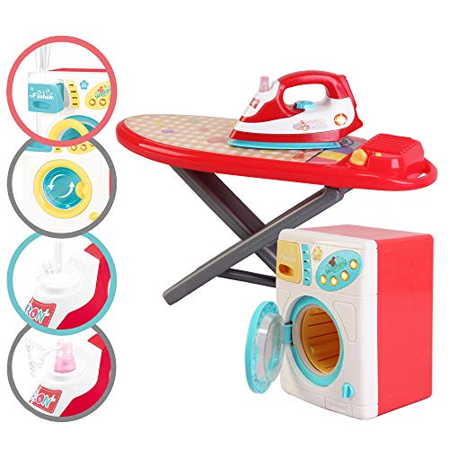 deAO Tareas del Hogar PlaySet de Lavandería “Hora de la Colada” Incluye Accesorios, Lavadora, Tabla de Planchar y Plancha con Efectos de Luz y Sonido – Color Rosa