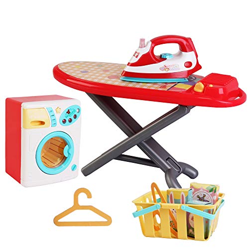 deAO Tareas del Hogar PlaySet de Lavandería “Hora de la Colada” Incluye Accesorios, Lavadora, Tabla de Planchar y Plancha con Efectos de Luz y Sonido – Color Rosa