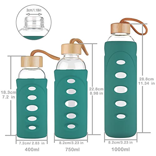 DEARRAY Botella de Agua de Cristal de Borosilicato Deportivo 400ml / 750ml / 1000ml / 1 Litro, Botella de Agua de Vidrio con Funda de Silicona y Tapa de Bambú Único