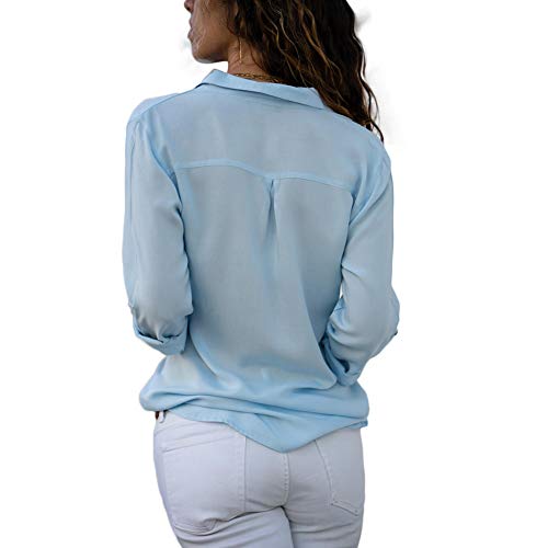 Decai Camisa Mujeres Blusa Casual Cuello V Camiseta Túnica Color Puro Camisa de Gasa Mangas Largas para Mujer Sexy Camisetas Tops Azul Claro 40-42 EU