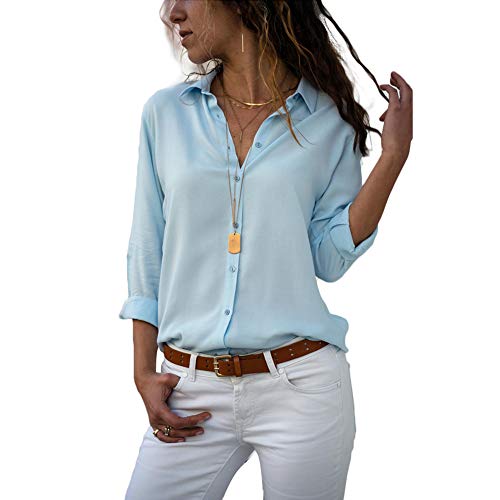 Decai Camisa Mujeres Blusa Casual Cuello V Camiseta Túnica Color Puro Camisa de Gasa Mangas Largas para Mujer Sexy Camisetas Tops Azul Claro 40-42 EU