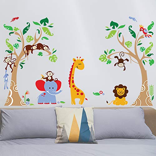 decalmile Pegatinas de Pared Árbol Animales de la Jungla Vinilos Decorativos Infantiles Mono Jirafa Elefante Adhesivos Pared Habitación Bebés Niños Guardería Dormitorio Salón