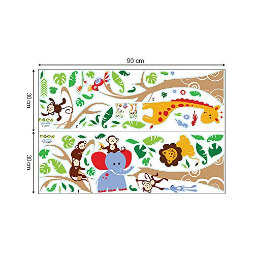 decalmile Pegatinas de Pared Árbol Animales de la Jungla Vinilos Decorativos Infantiles Mono Jirafa Elefante Adhesivos Pared Habitación Bebés Niños Guardería Dormitorio Salón