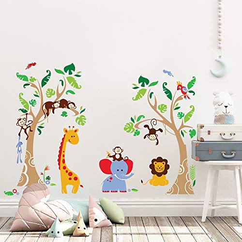 decalmile Pegatinas de Pared Árbol Animales de la Jungla Vinilos Decorativos Infantiles Mono Jirafa Elefante Adhesivos Pared Habitación Bebés Niños Guardería Dormitorio Salón