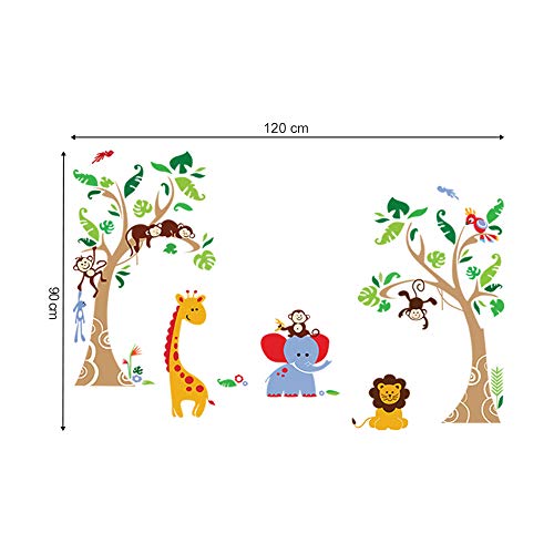 decalmile Pegatinas de Pared Árbol Animales de la Jungla Vinilos Decorativos Infantiles Mono Jirafa Elefante Adhesivos Pared Habitación Bebés Niños Guardería Dormitorio Salón