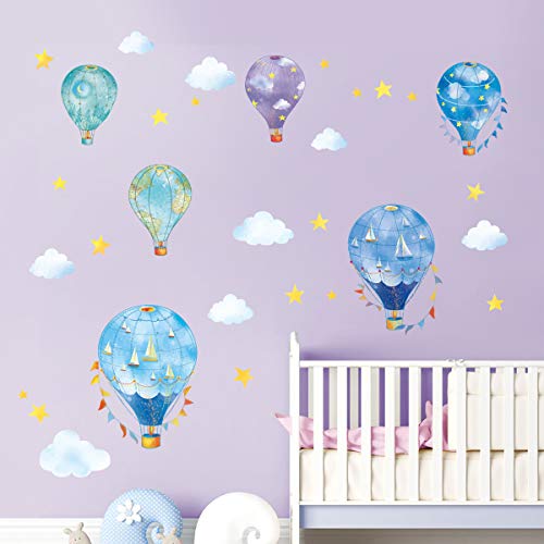 decalmile Pegatinas de Pared Globos Aerostáticos de Náutico Vinilos Decorativos Estrellas Nubes Adhesivo Decorativos para Habitacion Infantiles Guardería Niños Bebés Dormitorio