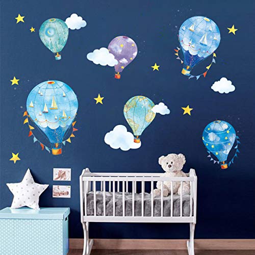 decalmile Pegatinas de Pared Globos Aerostáticos de Náutico Vinilos Decorativos Estrellas Nubes Adhesivo Decorativos para Habitacion Infantiles Guardería Niños Bebés Dormitorio