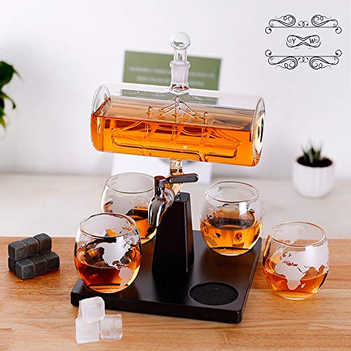 Decantador De Whisky Juego De Cristal De 1100 Ml Decantadores De Whisky Escocés con 4 Vasos De Whisky Grabados En Tierra, Grabado De Velero Italiano Sin Plomo, para La Familia, El Bar, La Fiesta