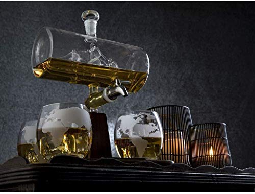 Decantador De Whisky Juego De Cristal De 1100 Ml Decantadores De Whisky Escocés con 4 Vasos De Whisky Grabados En Tierra, Grabado De Velero Italiano Sin Plomo, para La Familia, El Bar, La Fiesta