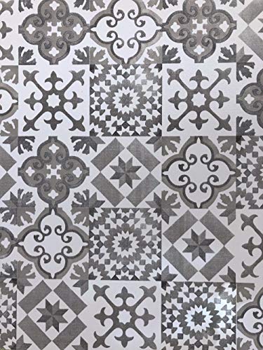 De'Carpet Vinilo PVC A Medida Alfombra FÁCIL Limpieza Antideslizante BALDOSA HIDRÁULICA Gris (65cm Ancho) (1 Metro)