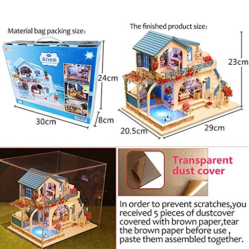 Decdeal Miniatura Súper Mini Tamaño Casa de Muñecas Kits de Modelos de Construcción de Muebles de Madera Juguetes Casa de Muñecas DIY Ciudad Azul y Blanca