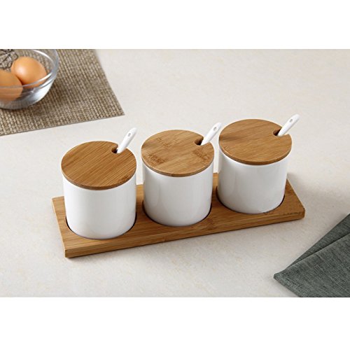 DecentGadget® Ceramic Spice Jar Set//Juego de 3 Recipientes de Condimentos de Cerámica para Especias con Cuchara y Tapas (Equal Height)