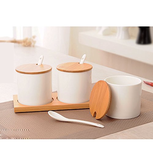 DecentGadget® Ceramic Spice Jar Set//Juego de 3 Recipientes de Condimentos de Cerámica para Especias con Cuchara y Tapas (Equal Height)