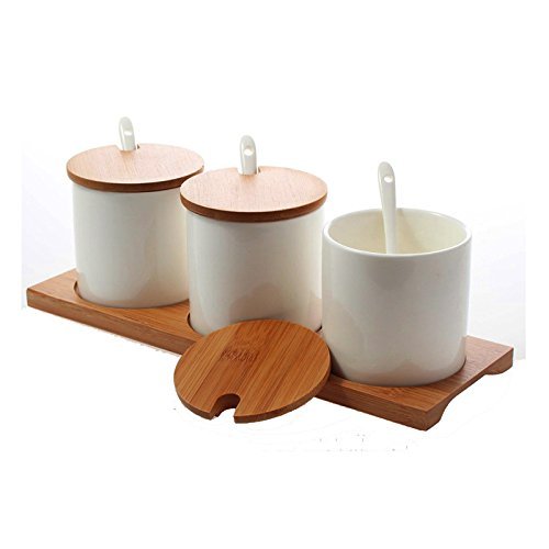 DecentGadget® Ceramic Spice Jar Set//Juego de 3 Recipientes de Condimentos de Cerámica para Especias con Cuchara y Tapas (Equal Height)