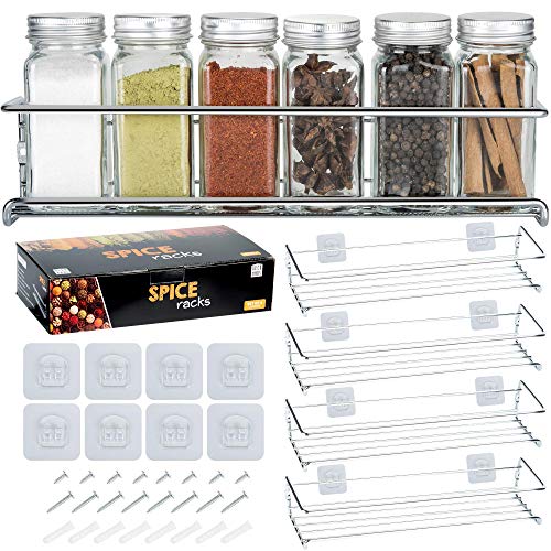 Deco Haus Organizador Especias - Set 4 Estantes de Metal - Estantes de Cocina, Armario, Organizador de Condimentos - Compatible con Nuestros Frascos - Adhesivos o con Tornillos - Plata, 29x6.35x5cm