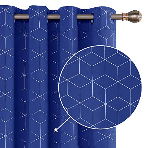 Deconovo Cortinas Opacas Diseño Rombo Plateadas para habitación con Ojales 2 Piezas 140 x 229 cm Azul Oscuro