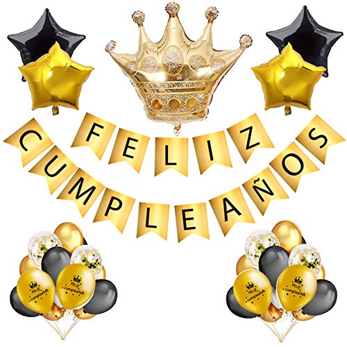 Decoración Cumpleaños Adulto Negro Oro y Vajilla Desechable de Feliz Cumpleaños Negro dorado - Conjunto de Fiesta Accesorio Plato Vaso Pancartas y Globos para Mujer Hombre - 16Invitados