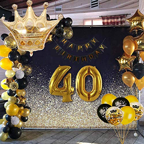 Decoración Cumpleaños Adulto Negro Oro y Vajilla Desechable de Feliz Cumpleaños Negro dorado - Conjunto de Fiesta Accesorio Plato Vaso Pancartas y Globos para Mujer Hombre - 16Invitados