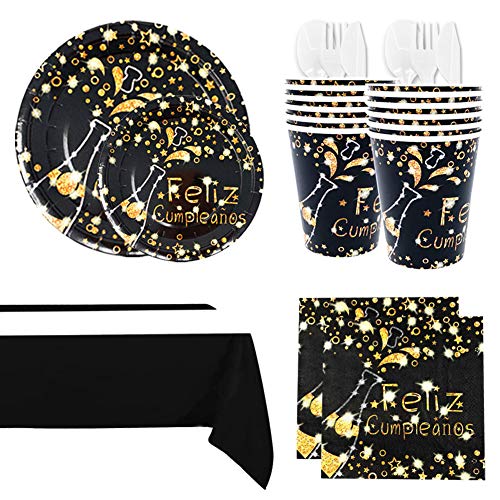 Decoración Cumpleaños Adulto Negro Oro y Vajilla Desechable de Feliz Cumpleaños Negro dorado - Conjunto de Fiesta Accesorio Plato Vaso Pancartas y Globos para Mujer Hombre - 16Invitados