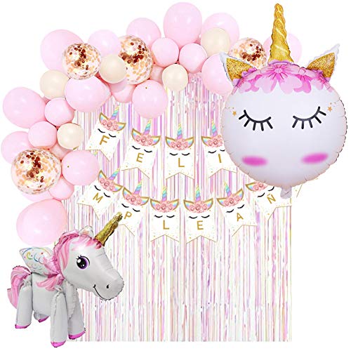 Decoración Cumpleaños de Unicornio para Fiesta de Niña-Guirnalda de Globos, Pancarta Feliz Cumpleaños, Cortina de Flecos, Globos de Aluminio y Globos de Látex con Confeti