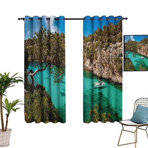 Decoración de dormitorio de la naturaleza cortinas opacas pequeñas yates flotantes en el mar Mallorca España Rocky Hills Forest Trees Scenic View Cafe cortina verde aguamarina azul W72 x L72 pulgadas