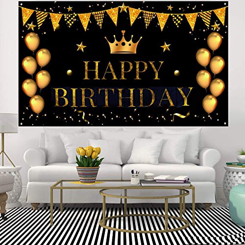 Decoración de Fiesta de Cumpleaños Extra Grande Cartel Póster de Tela de Cumpleaños Fondo de Foto Props Pancarta de Fondo para Feliz Cumpleaños Celebración 180 * 110cm (Negro)