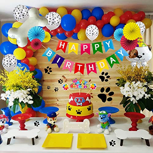 Decoración de fiesta de cumpleaños,Paquete de decoraciones de cumpleaños con pancarta de feliz cumpleaños Abanicos de papel colgantes Adornos de pastel Huesos Globo de cachorro para Fiesta de niños