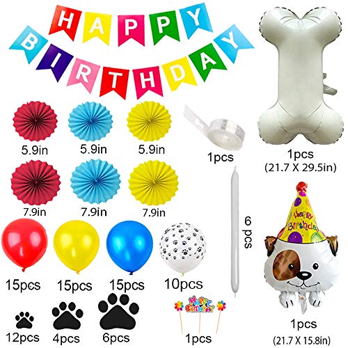 Decoración de fiesta de cumpleaños,Paquete de decoraciones de cumpleaños con pancarta de feliz cumpleaños Abanicos de papel colgantes Adornos de pastel Huesos Globo de cachorro para Fiesta de niños