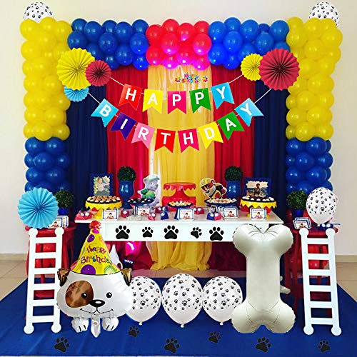 Decoración de fiesta de cumpleaños,Paquete de decoraciones de cumpleaños con pancarta de feliz cumpleaños Abanicos de papel colgantes Adornos de pastel Huesos Globo de cachorro para Fiesta de niños