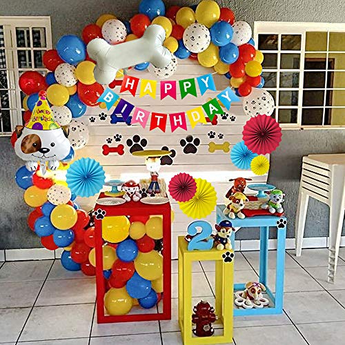 Decoración de fiesta de cumpleaños,Paquete de decoraciones de cumpleaños con pancarta de feliz cumpleaños Abanicos de papel colgantes Adornos de pastel Huesos Globo de cachorro para Fiesta de niños