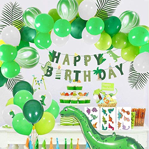 Decoración de fiesta de la selva, MMTX Juego de decoración de cumpleaños de dinosaurio, Globos de dinosaurios de estilo jurásico mundial con pancarta de feliz cumpleaños para niños Niños Niños